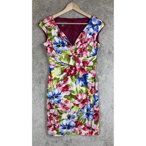 Donna Ricco Dress Womens 6 Petite Pink Blue Floral Sleeveless Back Zip- 7239